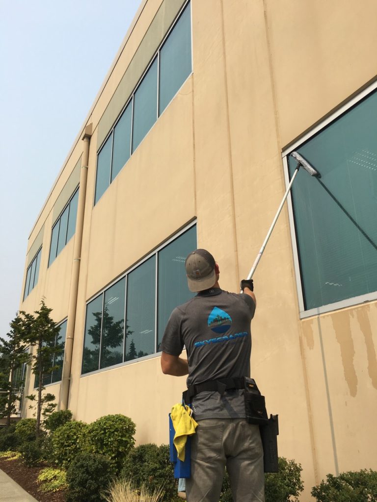 Exterior window cleaning office building in Mukilteo SkyWC