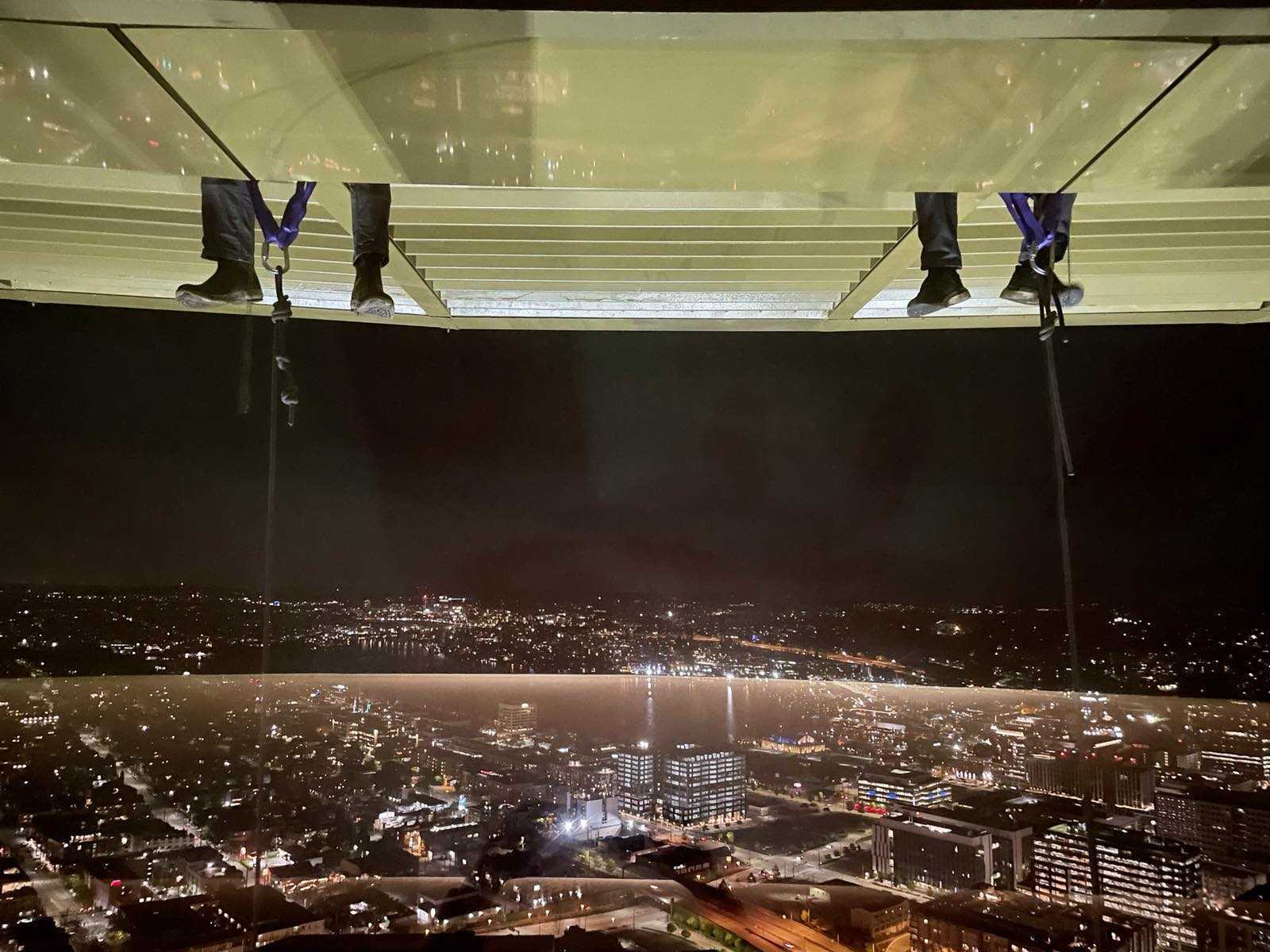 176 tons of rotating glass under the Space Needle floor were washed for
